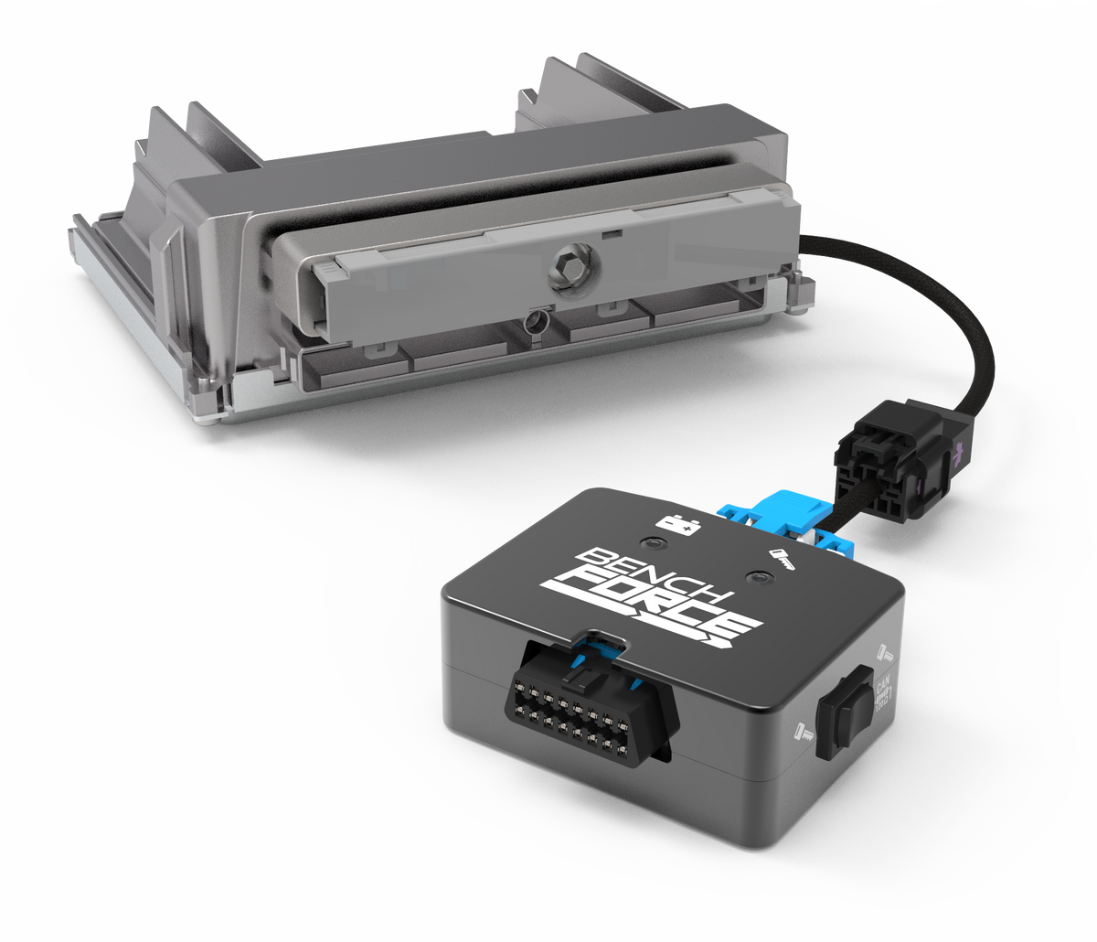 Programming interface tool connected to PowerBlock's OBD-II diagnostic connector.