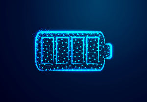 Battery illustrated in high-tech neon blue lines and dots.
